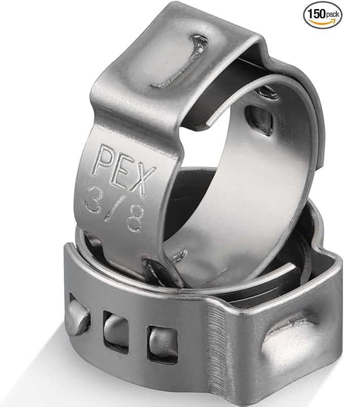 150 Pack 3/8 Inch Pex Clamps,304 Stainless Steel Pex Cinch Clamps Stepless Pex Crimp Rings PEX fittings Pinch Clamps,Single Ear Hose Clamps for Pex Tubing Pipe
