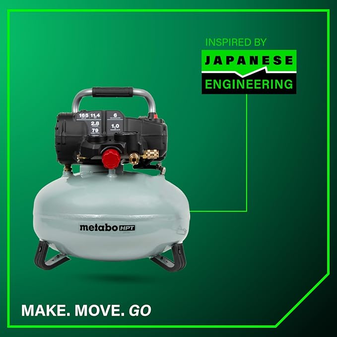 Metabo HPT Pancake Air Compressor, 6-Gallon 165PSI, Portable Air Compressor with 1.0 HP Oil-Free High Efficiency Motor, Lihghtweight, Quick Couplers for Fast Tool Changes, EC711S