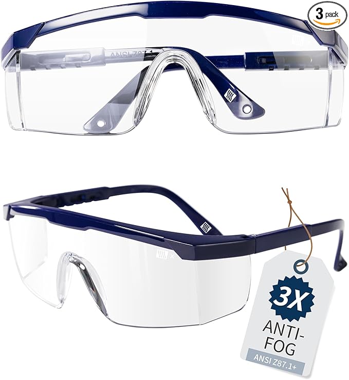 LANON 3 Pack Anti-Fog Safety Goggles with Ajustable Temples, 2.5 Times ANSI Z87.1 Double-sided Antifog, Side Protection, High Transmission, Lightweight