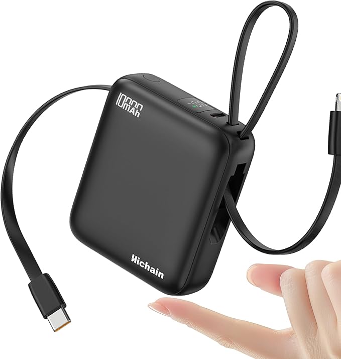 Hichain Small Portable Charger with Built in Cables LED Display, Mini Power Bank 10000mAh 22.5W USB-C Fast Charging Battery Pack, Travel Essential Power Bank for iPhone, iPad, Samsung, Android (Black)