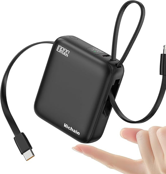 Hichain Small Portable Charger with Built in Cables LED Display, Mini Power Bank 10000mAh 22.5W USB-C Fast Charging Battery Pack, Travel Essential Power Bank for iPhone, iPad, Samsung, Android (Black)