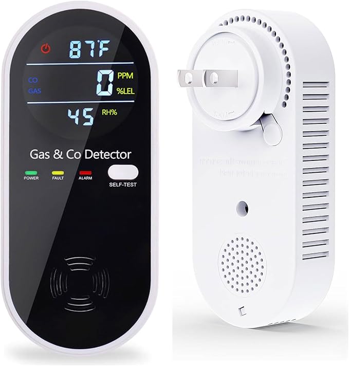 Plug in Carbon Monoxide and Natural Gas Detector, Combination Gas & Carbon Monoxide Detectors for Travel with Temperature Humidity Display, 4 in 1 CO and Gas Detector for Home/Travel(1 Pack)