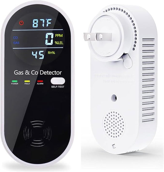 Plug in Carbon Monoxide and Natural Gas Detector, Combination Gas & Carbon Monoxide Detectors for Travel with Temperature Humidity Display, 4 in 1 CO and Gas Detector for Home/Travel(1 Pack)