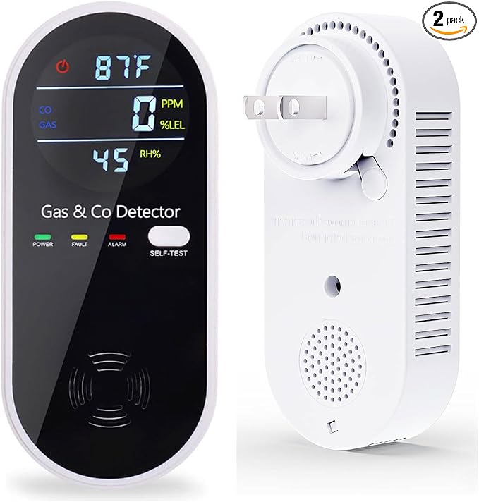 Plug in Combination Gas & Carbon Monoxide Detectors with Temperature and Humidity Display- Natural Gas Detectors & Carbon Monoxide Alarm for Home, Kitchen (2 Packs)