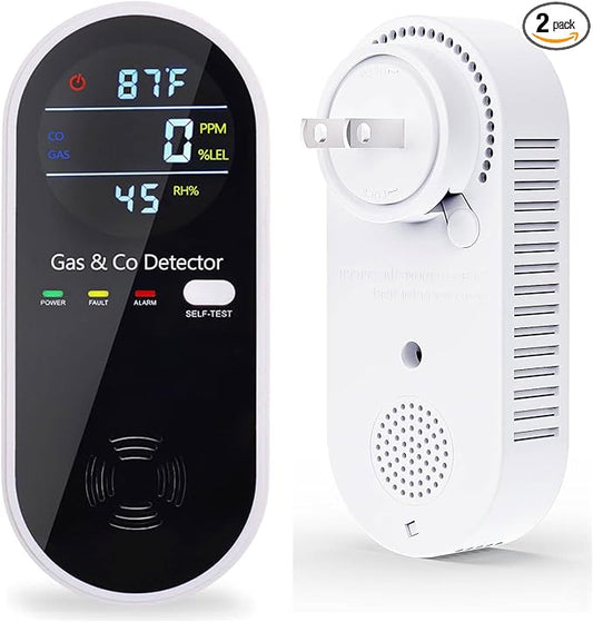 Plug in Combination Gas & Carbon Monoxide Detectors with Temperature and Humidity Display- Natural Gas Detectors & Carbon Monoxide Alarm for Home, Kitchen (2 Packs)