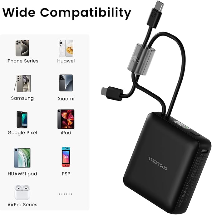 LUCKYDUO Small Portable Charger, Fast charging 22.5W Slim Power Bank 10000mAh with Built-in Cables, LED Display USB-C Mini Battery Pack Travel Essential, Compatible with iPhone, Samsung,Android, White