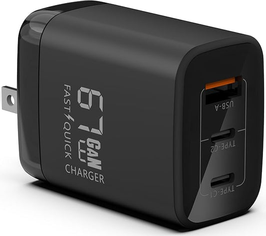 Fast 67W Dual USB-C Plus USB-A Charger - GaN Power Delivery - Fast Compact Power Adapter for Laptops, Smart Phones, Tablets and Thousands of Other Devices (Black, 67W)
