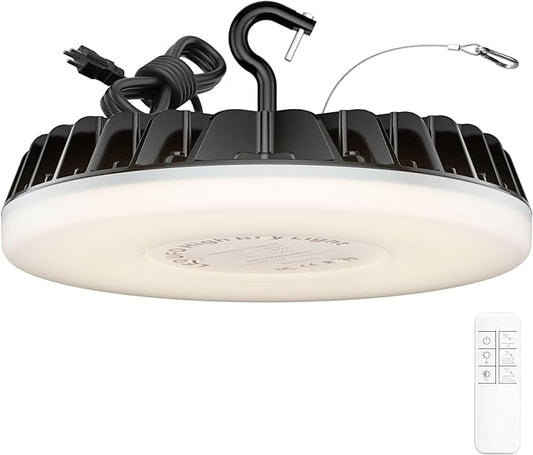 DEMILAR Smart Shop Lights 150W - Micware Motion Sensor 18000LM UFO LED High Bay Light with Multi-Function Remote, 10%-100% Dimmable IP65 Waterproof 5000k Garage Shop Lighting (New Remote)