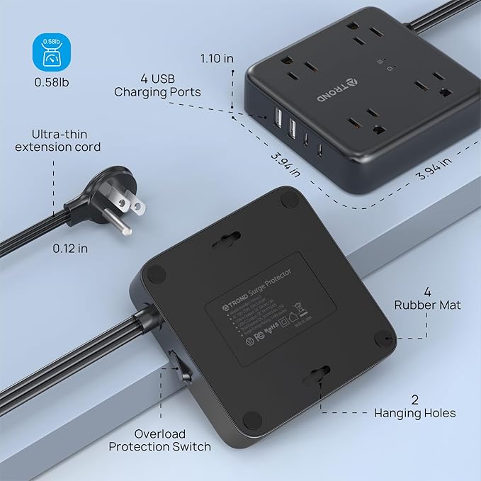 TROND Surge Protector Power Strip with USB Ports, 5ft Flat Plug Extension Cord with Multiple Outlets, 1440J, Wall Mount for Home Office Dorm Room Essentials, Black