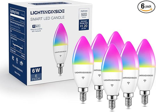 E12 Smart Light Bulbs 60W Equiv., Work with Alexa/Google Home/Smart Life, 500LM 6W RGBCW Candle Candelabra LED Light Bulbs, No Hub Required, 2.4G WiFi Bluetooth Bulb, ETL Listed, 6PCS