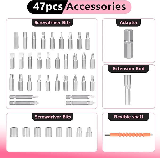 47 in 1 Electric Screwdriver Cordless Rechargeable Pink Small Power Drill Set 3.6V Li-ion 3.5N·m Max Torque Electric Rotatable with Case LED Light for Women Home Office DIY Tools