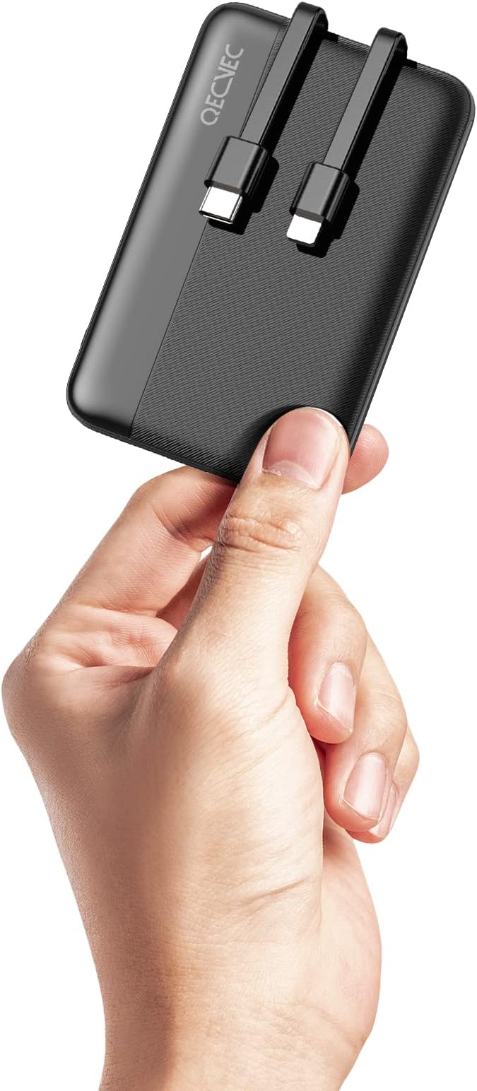 Power Bank 10000mAh, Portable Charger with Built-in Cables, 22.5W PD Fast Charging for iPhone & Android Devices, Ultra-Compact Travel Essential, Pocket-Sized Design-Black