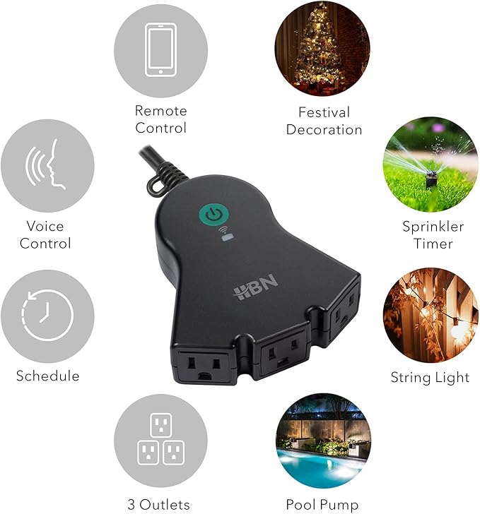 HBN Outdoor Smart Plug,Wi-Fi Heavy Duty Outlet with 3 Independent Outlets,Compatible with Alexa and Google Assistant,IP44 Waterproof,Voice & APP Control Outlet,No Hub Required,ETL Listed