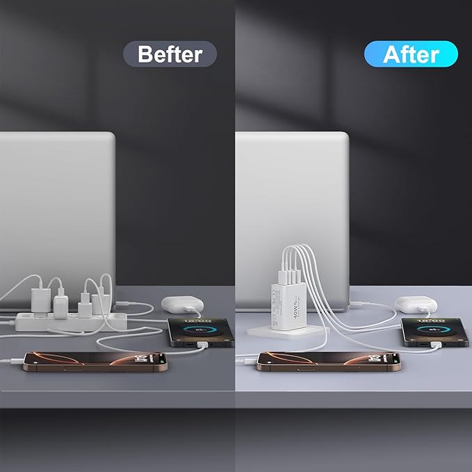 USB C Charging Block, 40W Type C Wall Charger Block 4-Port PD 3.0 & QC Multiport iPhone 16 15 Fast Charger Cube Wall Plug Brick for iPhone 16/15/14/13/12/Pro Max,iPad Pro/Air,Samsung Galaxy S25/S24