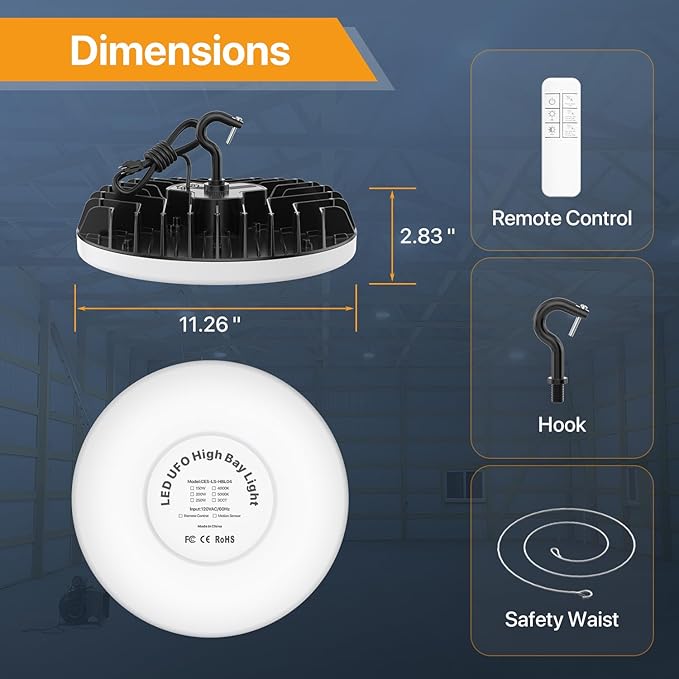 DEMILAR Smart Shop Lights 150W - Micware Motion Sensor 18000LM UFO LED High Bay Light with Multi-Function Remote, 10%-100% Dimmable IP65 Waterproof 5000k Garage Shop Lighting (New Remote)
