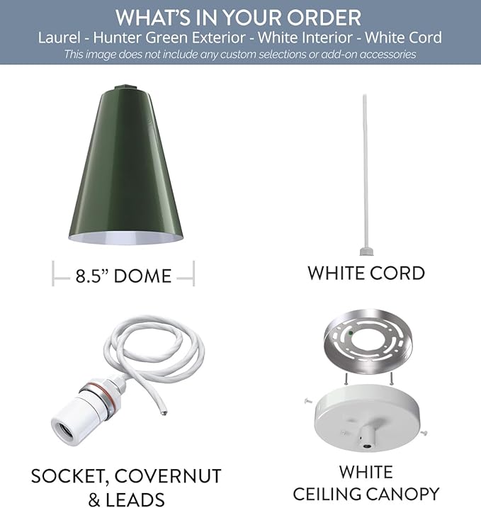 Steel Lighting Co. Laurel Pendant Light | Ceiling Mounted | 8.5 inch Cone Shade | Modern Contemporary Farmhouse Style Made in America | White Cord | Hunter Green Exterior/White Interior
