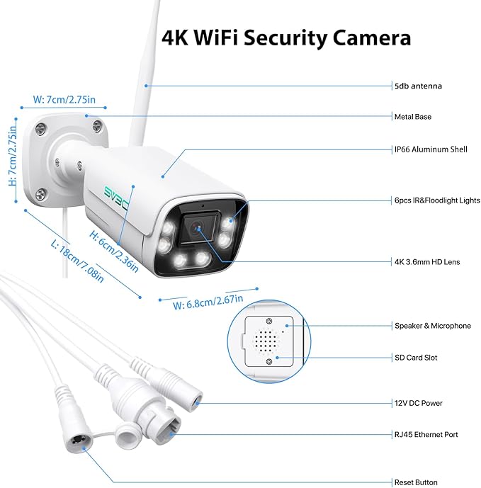 SV3C 4K WiFi IP Camera Outdoor, 8MP Wired Bullet Security Cameras with Floodlight Color Night Vision, ONVIF, RTSP, Humanoid Vehicle Pet Detection, P2P Remote View, 2-way Audio, SD Card & Cloud Storage