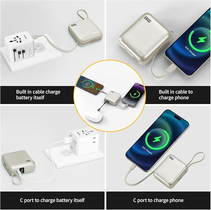 Hichain Small Portable Charger with Built in Cables LED Display, Mini Power Bank 10000mAh 22.5W USB-C Fast Charging Battery Pack, Travel Essential Power Bank for iPhone, iPad, Samsung, Android (Gold)