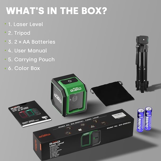 Green Laser Level with Adjustable Tripod Self-leveling& Manual Mode Horizontal and Vertical Lazer Level, 2xAA Batteries for Construction Home Decoration DIY etc.
