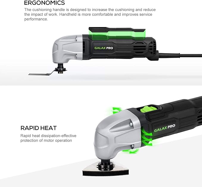 GALAX PRO 22000 OPM 1.5A Oscillating Multi Tool, 3 Degree Oscillating Angle with 3 Pieces Saw Blades, 1 Piece Semi Circle Blade Sanding Plate, 6 Pieces Sanding Papers for Grinding