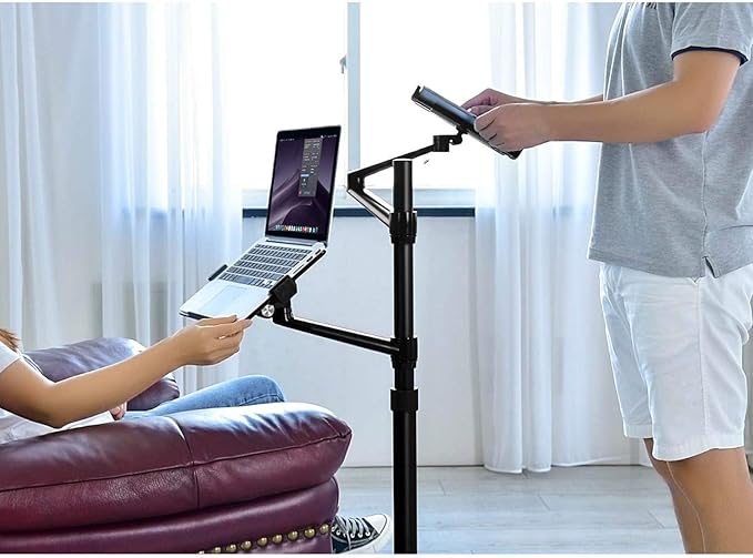 Triple arm Height Adjustable Stand Mount with Rolling Wheel for Laptop(11-17 inch) and Compatible with ipad iPad pro 12.9 inch/Tablet/Ereader