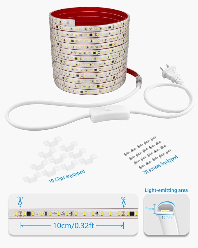 Self-Adhesive 20FT LED Strip Lights for Bedroom Warm White Waterproof Flexible LED Rope Light for Outside AC 110V-120V Switch Plug in 2835 120LED/M LED Tape Light for Bedroom Indoor Outdoor