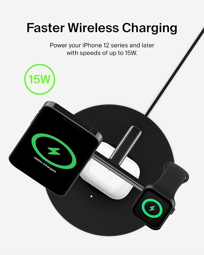 Belkin MagSafe Charger, 3-in-1 Wireless Charging Stand, 2ND GEN, 33% Faster for Apple Watch, iPhone 16, iPhone 15, iPhone 14 Series, AirPods - MagSafe Charging Station for Multiple Devices - Black