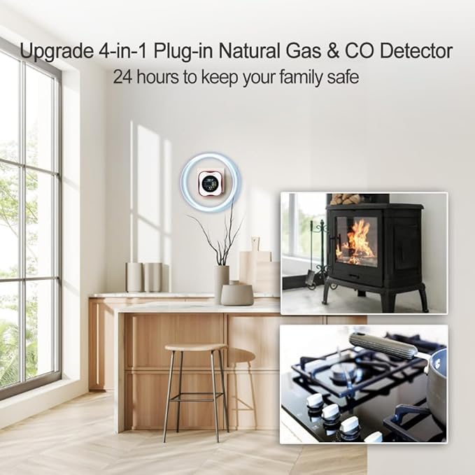 Carbon Monoxide and Natural Gas Detector Plug in Wall, WESHLGD Combination Carbon Monoxide and Gas Detector, 4-in-1 CO and Gas Detector for Home/Kitchen(CO & Gas Alarm with Temperature Humidity)