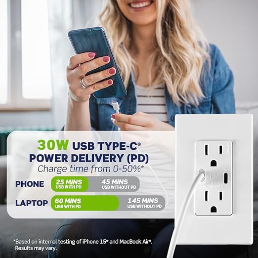 Leviton T5635-T 30W (6A) USB Dual Type-C/C Power Delivery In-Wall Charger with 15A Tamper-Resistant Outlet, USB Charger for Smartphones, Tablets, Laptops, Light Almond