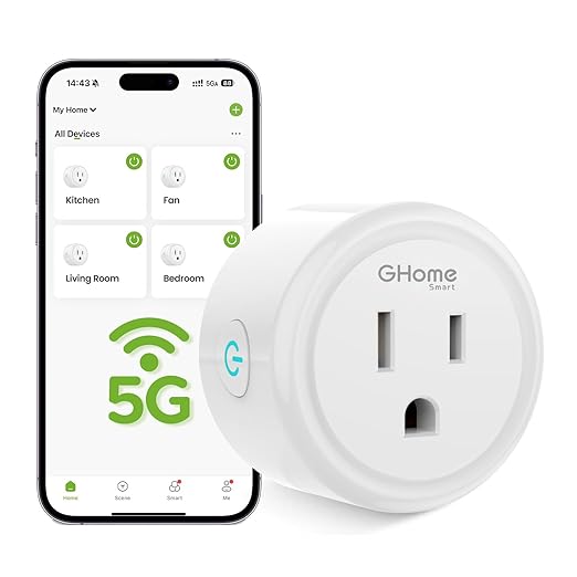GHome Smart 5G 15A Smart Plug, Smart Home WiFi Plugs Work with Alexa and Google Home, WiFi Outlet with Remote Control & Timer, 5GHz and 2.4GHz Wi-Fi Compatible, ETL FCC Listed, White, 1 Pack