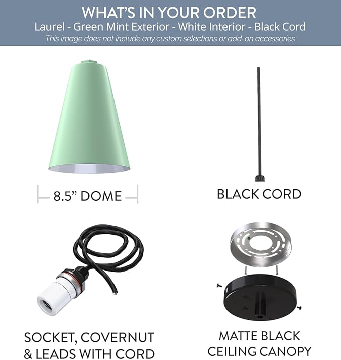 Steel Lighting Co. Laurel Pendant Light | Ceiling Mounted | 8.5 inch Cone Shade | Modern Contemporary Farmhouse Style Made in America | Black Cord | Mint Green Exterior/White Interior
