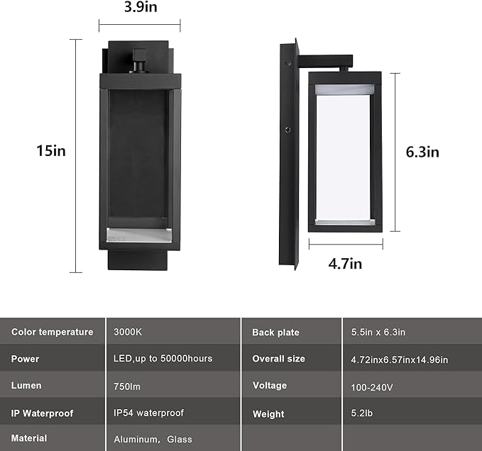 Lustrlach Dusk to Dawn LED Outdoor Light Fixture 15" Black Modern Exterior Wall Porch Lantern with Glass for House Garage Outside Entryway Garden,IP54 Waterproof,3000K,750LM