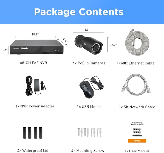 4K Security Camera System PoE, 4X 8MP Wired Home Bullet IP PoE Cameras with Mic, AI Human Vehicle Detection, 100ft IR Night Vision, 4K 8 Channel NVR 2TB HDD for 24/7 Recording, PB37F30408-8M