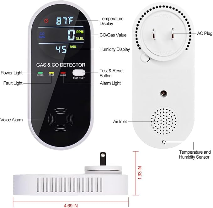 4-in-1 Combination Gas & Carbon Monoxide Detector,Dual Sensor Natural Gas Leak Detector & Carbon Monoxide Detectors Plug in (Temperature & Humidity) for Home,RV,Apartment
