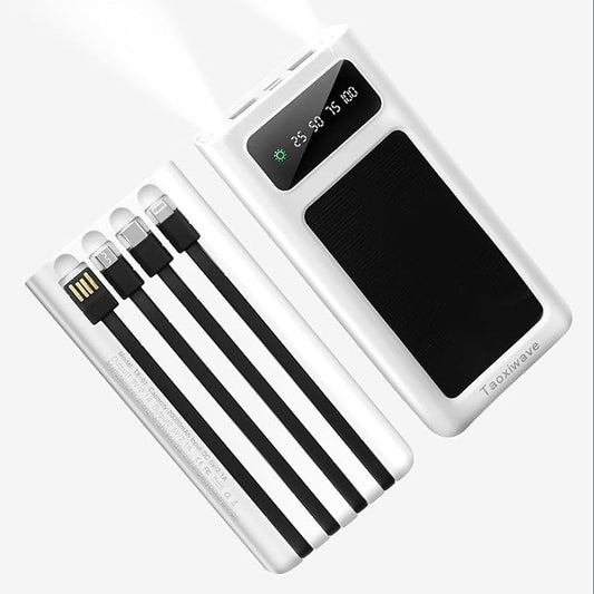 Power-Bank - 20000mAh Portable Charger,Solar Power Bank,Camping External Backup Battery Pack,Fast Solar Panel Charger with Dual Flashlight and 4 USB Cables (White)