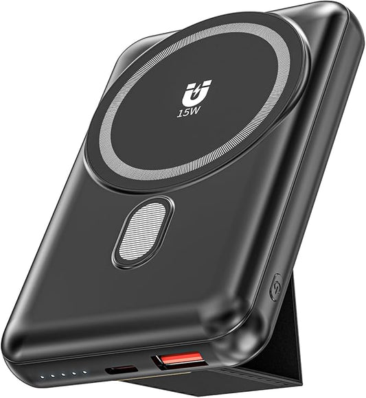 Magnetic Power Bank 10000mAh, Wireless Portable Charger with Stand, 15W Fast Charging Magnetic Battery Pack w/USB-C, Compatible with Magsafe iPhone 15/15 Plus/15 Pro/15 Pro Max, iPhone 14/13/12 Series