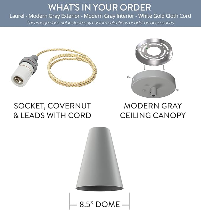Steel Lighting Co. Laurel Pendant Light | Ceiling Mounted | 8.5 inch Cone Shade | Modern Contemporary Farmhouse Style Made in America | White Gold Cloth Cord | Modern Gray Exterior/Interior