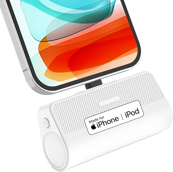 KKD Portable Charger for iPhone, Built-in MFi Certified Plug, 5000mAh Small Portable Phone Charger Power Bank for iPhone 14/13/12/11/XR/X/SE/8/7/6/6s/Pro Max/Plus,iPad,White