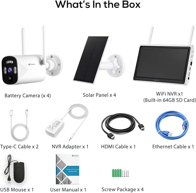 Kittyhok Solar Security Camera Outdoor System with Monitor | 4pcs Wireless Solar Powered Security Camera, Human Detection, Spotlight, for Home Security | 10CH NVR, 10'' IPS Monitor, Local Storage