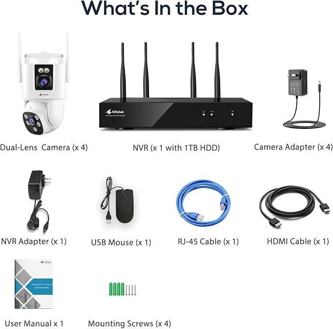 Kittyhok Dual Lens Wireless Security Camera System, 4pcs 2K Outdoor Camera with 2.4/5GHz WiFi, Pan & Tilt, Auto Tracking, Human Detection, Color Night Vision, 16CH Wi-Fi 6 NVR with 1TB HDD, KWDP164