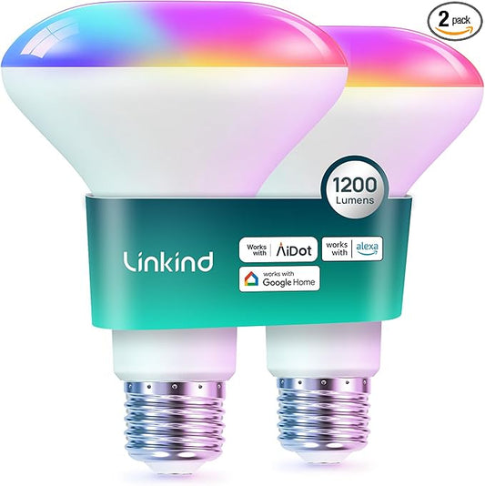 Linkind BR30 Smart Light Bulbs,1200LM Smart Flood Light Bulbs Compatible with AiDot App, Alexa, Google Home, E26 RGBTW Recessed Color Changing Bulbs, 2.4GHz WiFi Only, LED Light Bulbs 14W=85W,2Pack