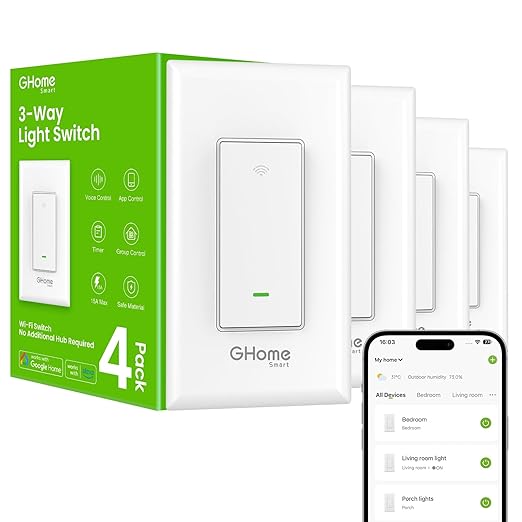 GHome Smart Switch, 3 Way Wi-Fi Light Switch Compatible with Alexa and Google Home, 2.4GHz Schedule Timer, Neutral Wire Required, 3-Way Installation, FCC Listed (4-Pack), White