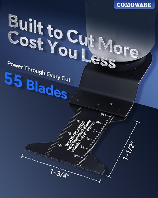 COMOWARE 55 Pcs Oscillating Saw Blades - 1-3/4” Professional Universal Oscillating Tool Blades, Multitool Blades, Quick Release Durable Oscillating Tool for Wood/Plastic/Soft Metal Cutting