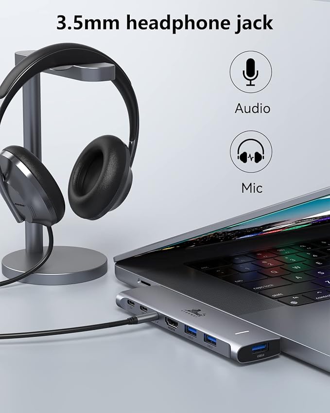 USB C Hub Adapter for MacBook Pro/Air M1M2M3 2022 2021 2020 13"15"16",Multiport MacBook Adapter MacBook Accessories with 4K HDMI,3USB3.0,Audio,100W Thunderbolt-Enabled USB-C,Support MagSafe 3 Charging