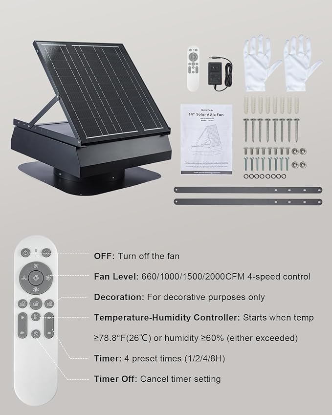 GROWNEER 40W 14" Solar Attic Fan with Smart Thermostat, 2000CFM Solar Powered Attic Fan 24/7 Worktime, Cools up to 2000 Sq.Ft, Waterproof Solar Roof Vent for Attics, Sunrooms, Warehouses, Factories