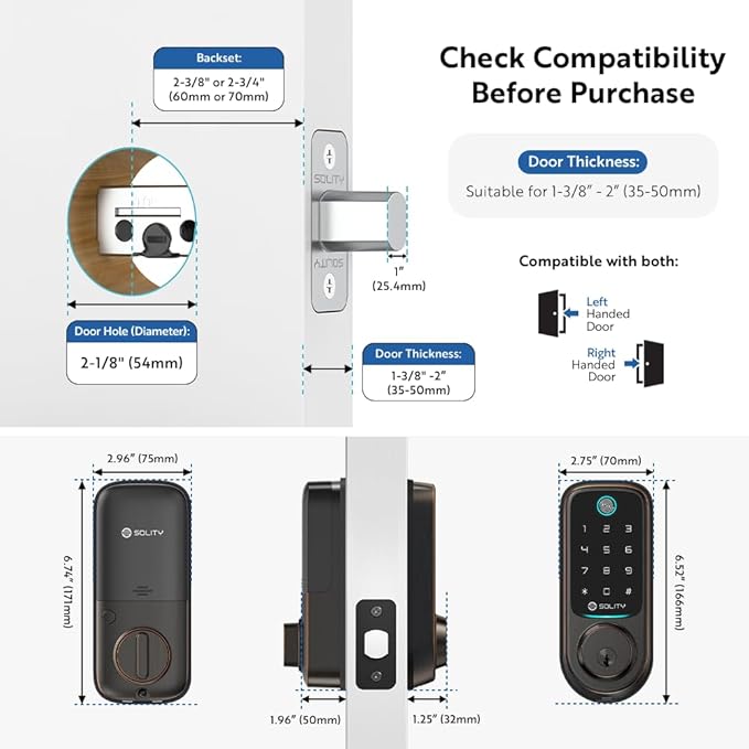 Solity No-Hub Smart Digital Door Lock, Designed in Korea, Keyless Entry, Wi-Fi, Remote Control, Touchscreen Keypad, Auto Lock, IP54 Waterproof GT10BK Biometric (GT10BK_ORB)