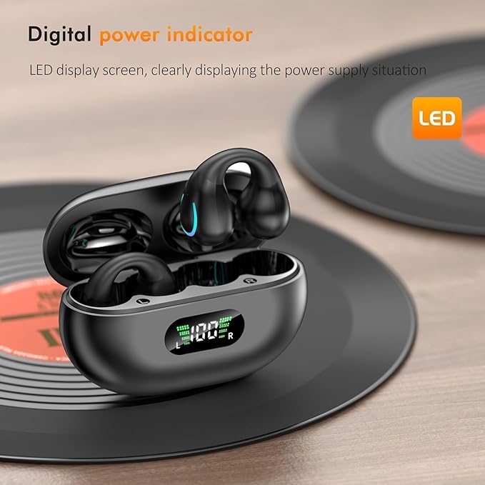 Clip On Earbuds, Wireless Bluetooth 5.3 Lightweight Comfort Bone Conduction Open Ear Headphones with LED Digital Display Charging Case Sport Built-in Mic IPX7 Waterproof for Running Fitness, Black
