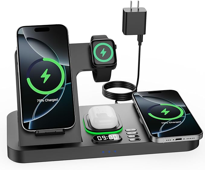 Dual Phone Wireless Charging Station for Apple Devices, Magnetic Charging Station for iPhone with Auto Switch 7-Color Light&Clock, Family Watch Charger for iPhone17 for iWatch10 for AirPods Pro3(Black