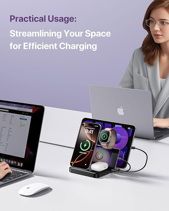 Multiple Devices Charging Station, 5-in-1 Charging Station for iPhone 16e/16 Pro Max/Pro/Plus/15/14/13/12, iPad Pro/Air/Mini, Apple Watch and Airpods,Wireless Charging Dock(G805) (Lavender)
