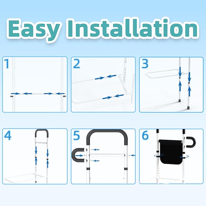 Bed Rails for Elderly Adults Safety with Motion Sensor LED Light - Adjustable Bed Assist Rails for Full Size, Portable Bed Cane for Seniors with Storage Pocket, Hold Up to 300 Lbs